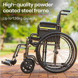 Equipmed 24 Inch Folding Bariatric Wheelchair, XL Wide Design, 136kg Capacity, Park Brakes, Retractable Armrests, Dark Grey Hammertone - Front View
