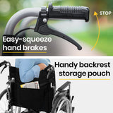 EQUIPMED Extra-Wide Folding Wheelchair, Aluminium Frame, 150kg Capacity, 24 Inch Wheels, Park Brakes, Black - Low Angle