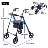 EQUIPMED 4 Wheel Lightweight Rollator Walker, Aluminium Frame, Seat, Carry Bag, for Seniors, Blue - Rear View