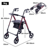 EQUIPMED 4 Wheel Lightweight Rollator Walker, Aluminium Frame, Seat, Carry Bag, for Seniors, Red - Rear View