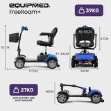 EQUIPMED FreeRoam+ Mid-Sized Lithium Fast Easy Charge Mobility Scooter, Blue - Front View