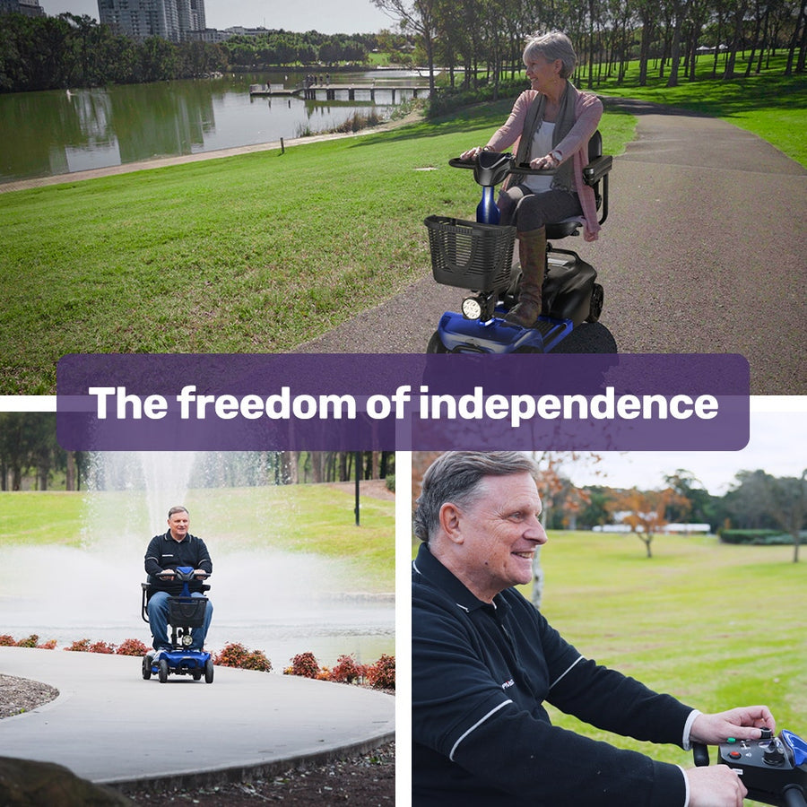 EQUIPMED FreeLite+ Mid-Sized Electric Foldable Mobility Scooter, Lithium Battery, Long Range and Easy Charging, Blue