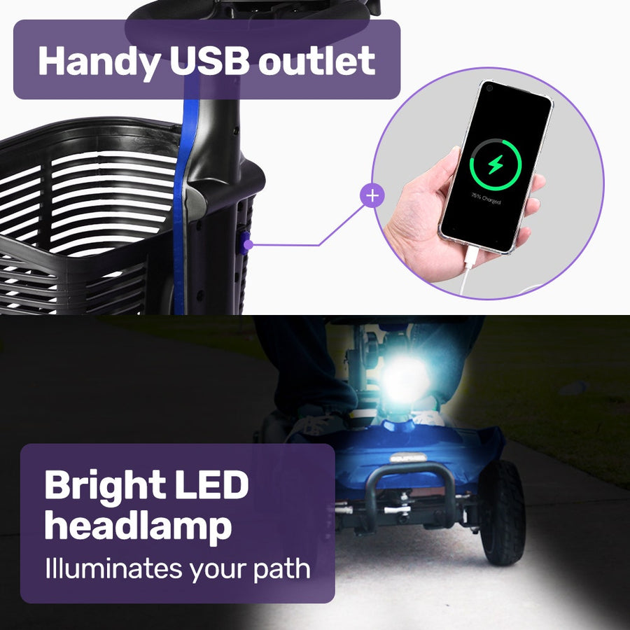 EQUIPMED FreeLite+ Mid-Sized Electric Foldable Mobility Scooter, Lithium Battery, Long Range and Easy Charging, Blue