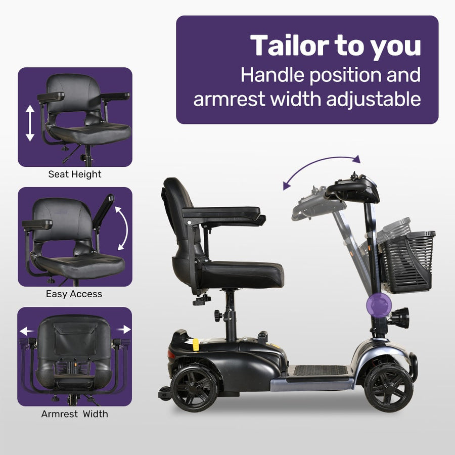 EQUIPMED FreeLite+ Mid-Sized Foldable Electric Mobility Scooter, Lithium Battery, Long Range and Easy Charging, Grey