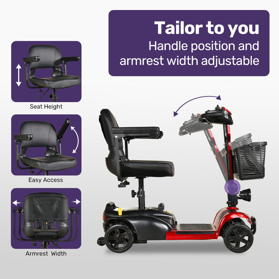 EQUIPMED FreeLite+ Mid-Sized Foldable Electric Mobility Scooter, Lithium Battery, Long Range and Easy Charging, Red