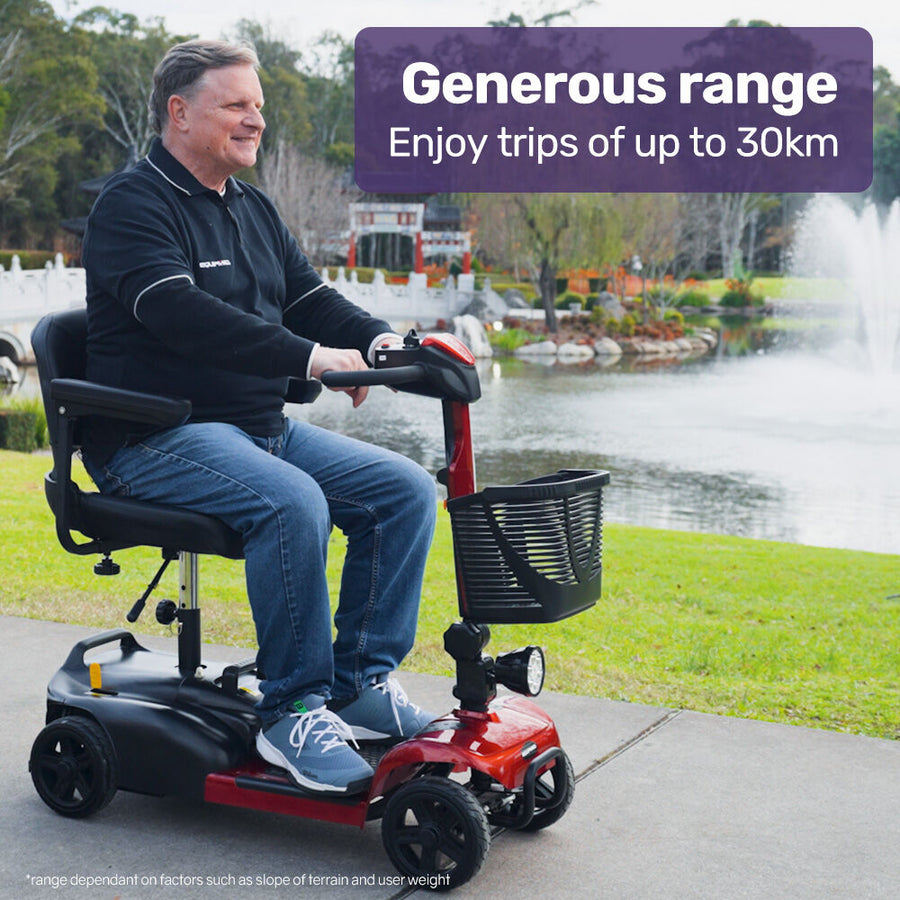 EQUIPMED FreeLite+ Mid-Sized Foldable Electric Mobility Scooter, Lithium Battery, Long Range and Easy Charging, Red