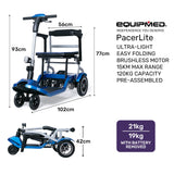 EQUIPMED Ultra-Lightweight Folding Electric Mobility Scooter, 19kg with Battery Removed, 120kg Capacity, Long Range, Brushless Motor, Portable, Blue - Low Angle