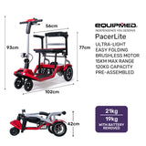 EQUIPMED Ultra-Lightweight Folding Electric Mobility Scooter, 19kg with Battery Removed, 120kg Capacity, Long Range, Brushless Motor, Portable, Red - Close-Up Angle