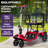 EQUIPMED Ultra-Lightweight Folding Electric Mobility Scooter, 19kg with Battery Removed, 120kg Capacity, Long Range, Brushless Motor, Portable, Red - Low Angle