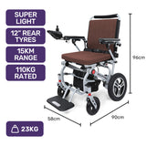 EQUIPMED Ultra-Light Power Wheelchair, Tight Turning, Airline Approved, ARTG Certified, Aluminium Frame, Lithium Battery, Brown - Front View