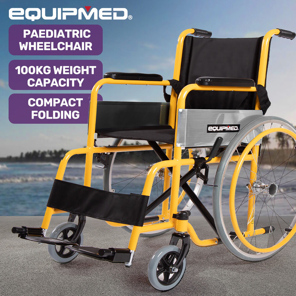 EQUIPMED Kids Paediatric Wheelchair, 100kg Rated, 110-140cm Rider Height, Quick Folding, Adjustable Footrests, 22" Wheels, Yellow