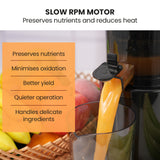 EUROCHEF Cold Press Slow Juicer Machine, Large Chute, 200W, Charcoal Grey - Rear View