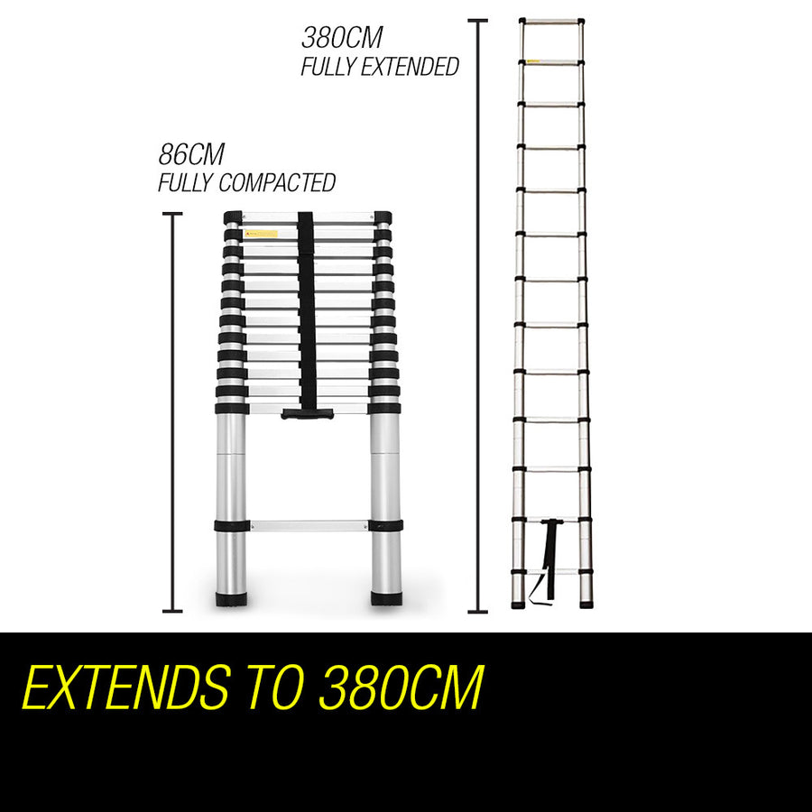 Bullet 3.8m Telescopic Aluminium Ladder Alloy Extension Extendable Steps Multi Portable