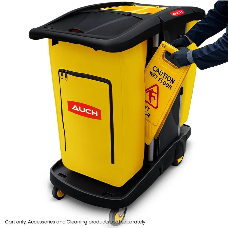 AUCH Double Bag Janitor Cleaning Trolley, Housekeeping Cart, Lockable Cabinet with Storage Tubs, Quiet Wheels, Black