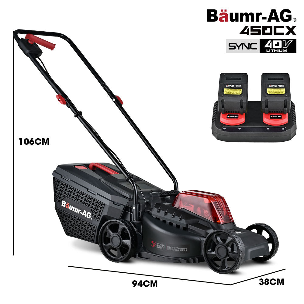 BAUMR-AG 450CX 40V SYNC Cordless Lawn Mower Kit, Fast Charger, 2 x 4Ah Battery, 320mm Grass Cutting