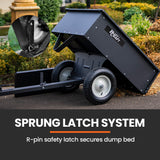 PLANTCRAFT 270kg Capacity Metal Dump Cart Garden Lawn Yard Farm Trolley, Tow Behind Ride on Mower - 45-Degree Angle
