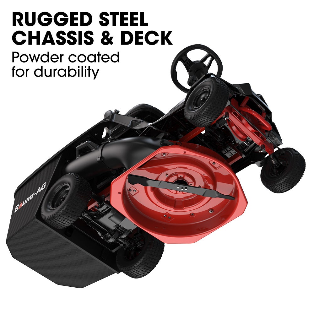 BAUMR-AG 24 Ride On Lawn Mower, Lithium Electric Start System, 6HP 224cc, 5 Cut Heights, Catcher and Mulch Kit