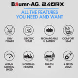 BAUMR-AG 24 Ride On Lawn Mower, Lithium Electric Start System, 6HP 224cc, 5 Cut Heights, Catcher and Mulch Kit - Close-Up Angle