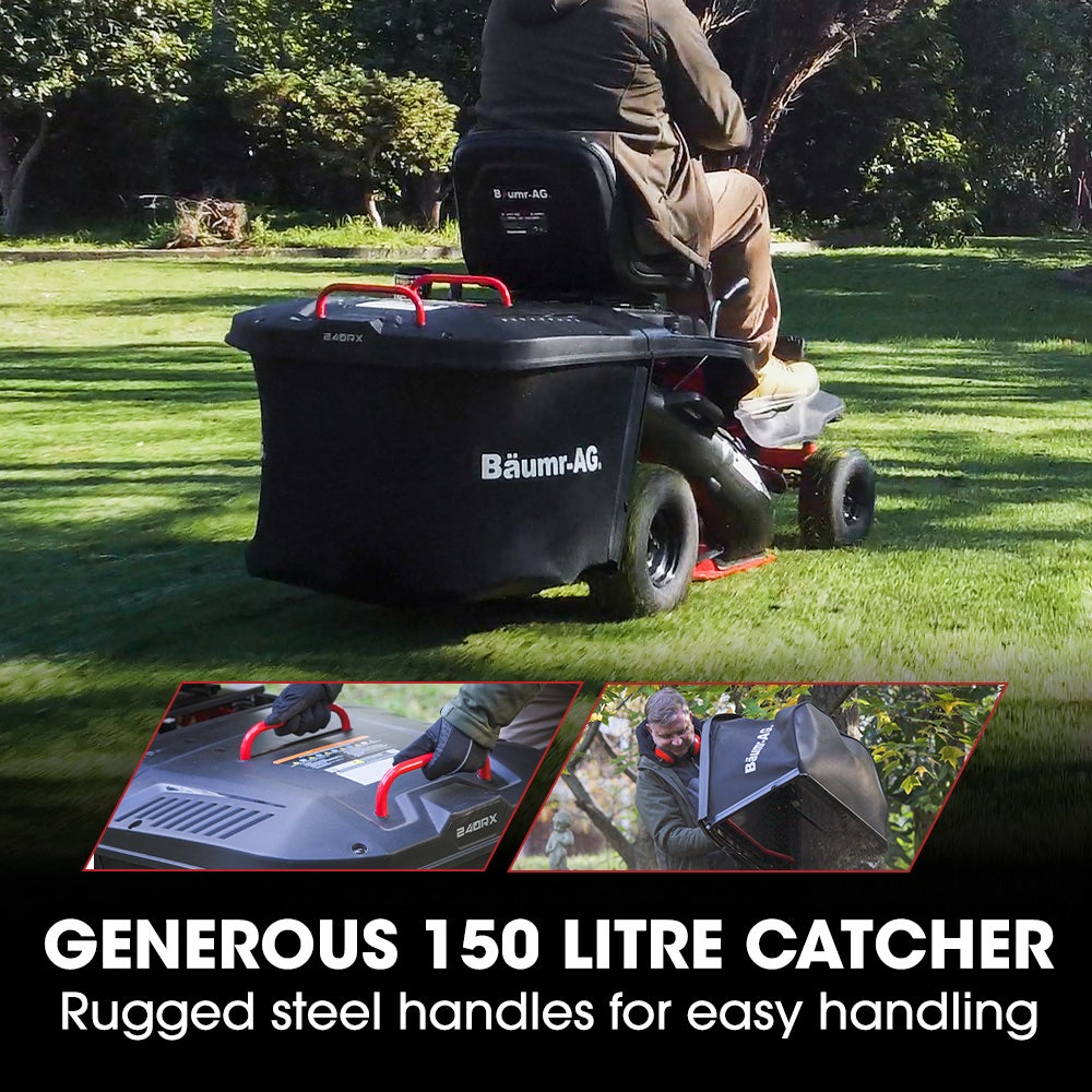 BAUMR-AG 24 Ride On Lawn Mower, Lithium Electric Start System, 6HP 224cc, 5 Cut Heights, Catcher and Mulch Kit