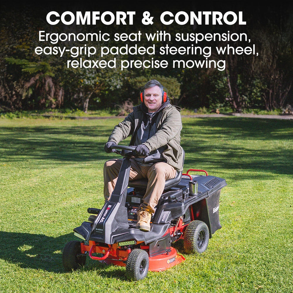 BAUMR-AG 24 Ride On Lawn Mower, Lithium Electric Start System, 6HP 224cc, 5 Cut Heights, Catcher and Mulch Kit