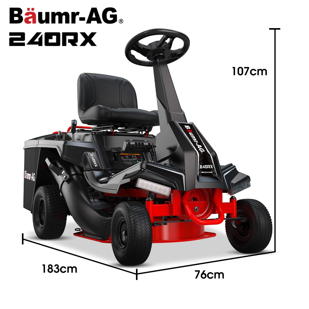 BAUMR-AG 24 Ride On Lawn Mower, Lithium Electric Start System, 6HP 224cc, 5 Cut Heights, Catcher and Mulch Kit