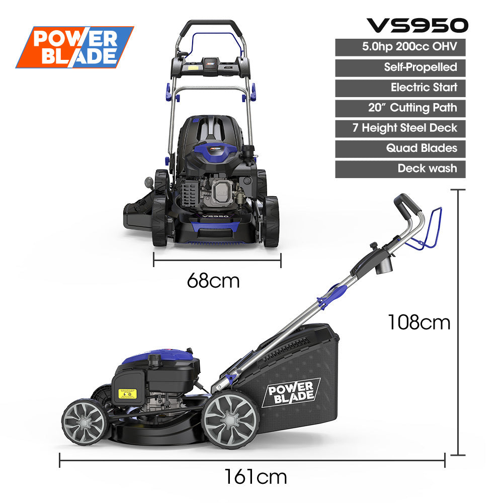 POWERBLADE 20 200cc Self-Propelled Lawn Mower, Electric Start, 7 Height, Steel Deck, Deck Wash Port, OHV 4-Stroke Petrol - VS950