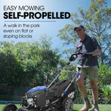 PowerBlade 20 200cc Self-Propelled Lawn Mower, 7 Height, Steel Deck, Deck Wash Port, OHV 4-Stroke Petrol - VS900 - 45-Degree Angle