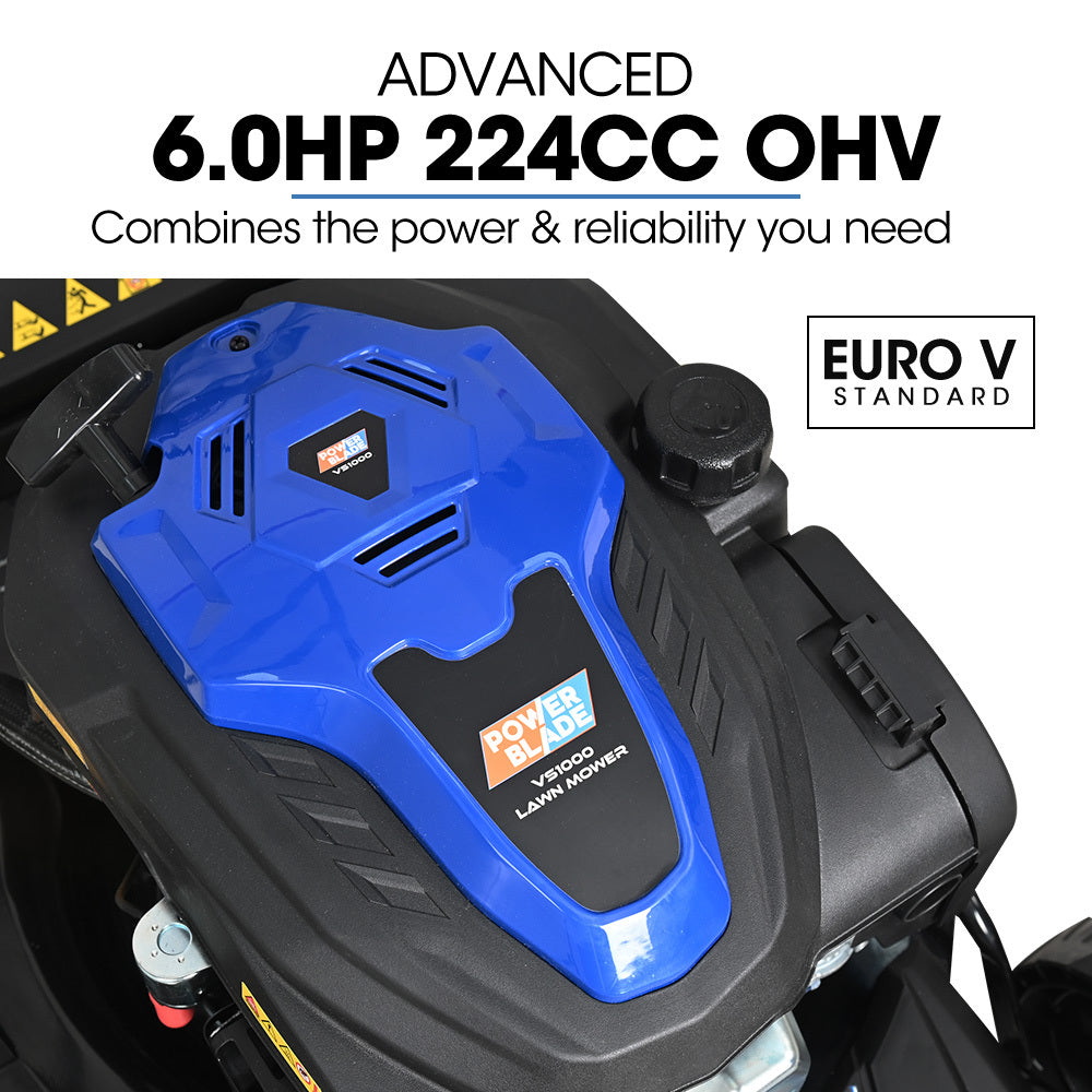 PowerBlade 22 224cc Self-Propelled Lawn Mower, Electric Start, 7 Height, Steel Deck, Deck Wash Port, OHV 4-Stroke Petrol - VS1000