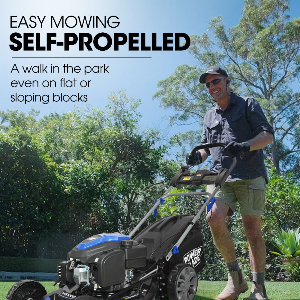 PowerBlade 22 224cc Self-Propelled Lawn Mower, Electric Start, 7 Height, Steel Deck, Deck Wash Port, OHV 4-Stroke Petrol - VS1000