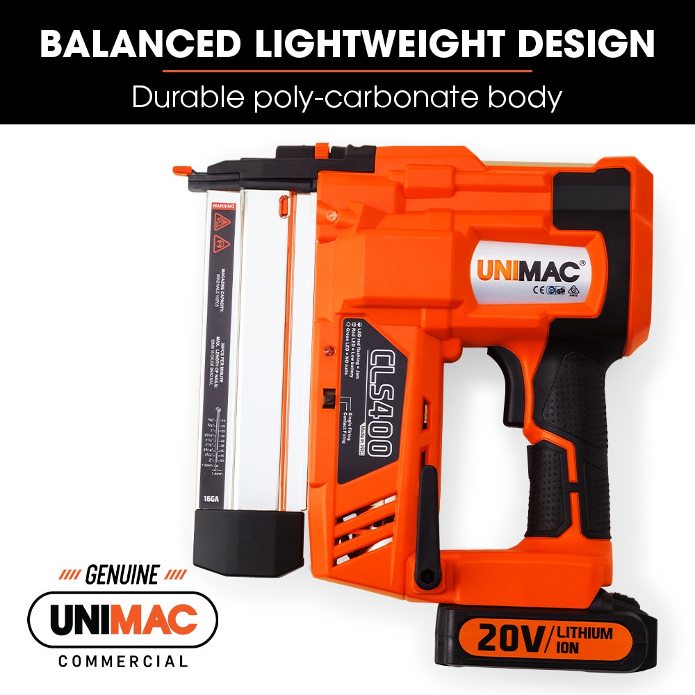 UNIMAC CLS400 20-50mm 16ga Finishing Nail Gun, Cordless 20V Lithium Nailer Kit