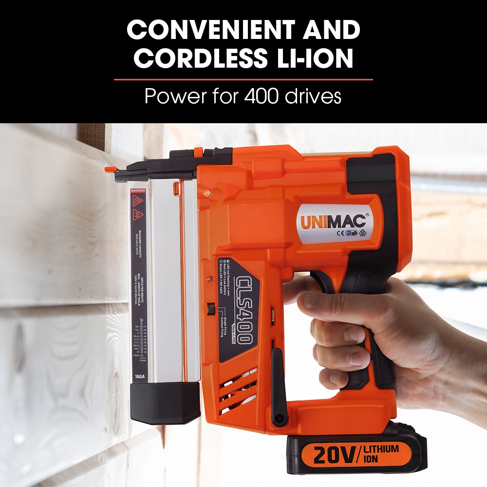 UNIMAC CLS400 20-50mm 16ga Finishing Nail Gun, Cordless 20V Lithium Nailer Kit