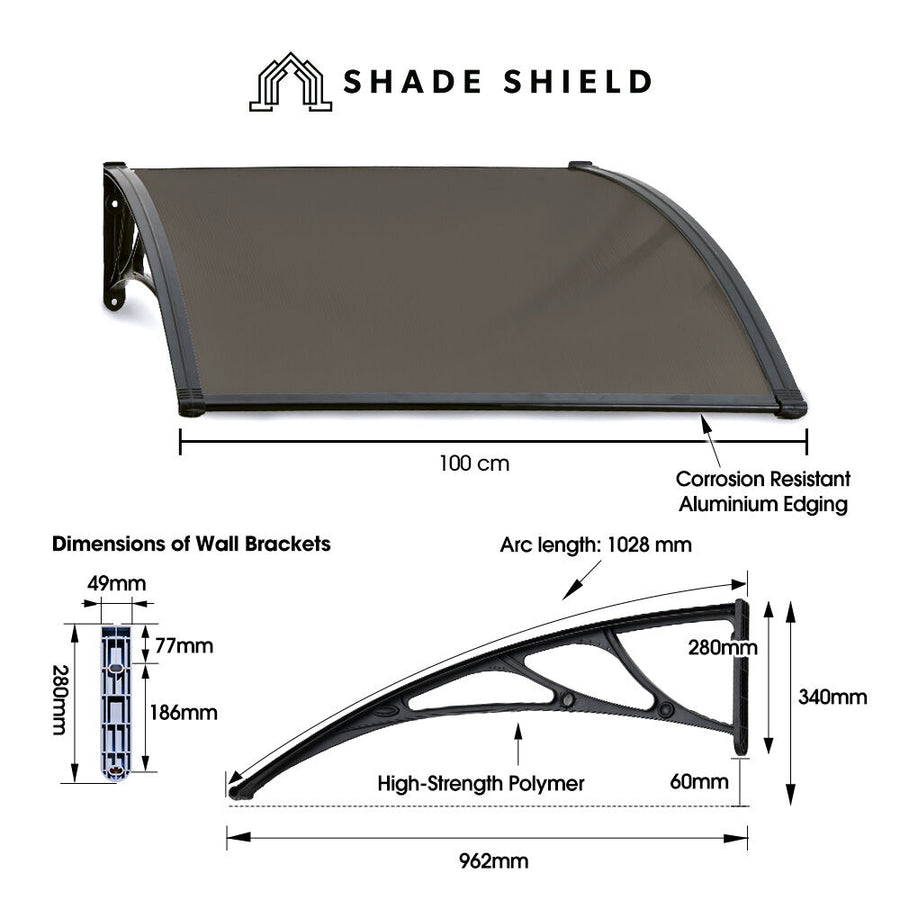 SHADE SHIELD 1x1m Aluminium Exterior Awning, Black DIY External UV Rain Protection Grey Tinted Polycarbonate Canopy Cover