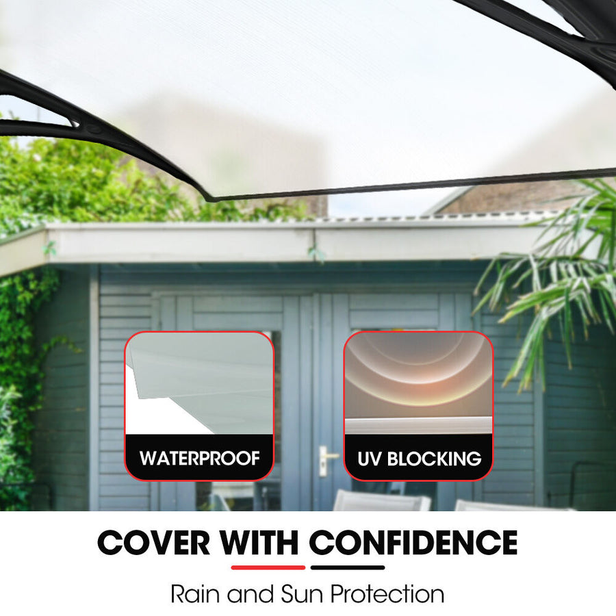 SHADE SHIELD 2x1m Aluminium Exterior Awning, Black DIY External UV Rain Protection Clear Polycarbonate Canopy Cover