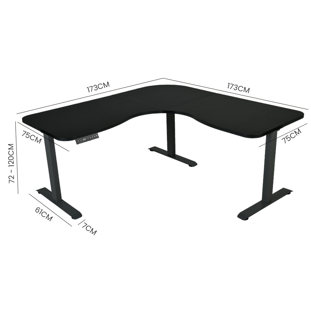 FORTIA Corner Standing Desk 1730W x 1730W x 750D 3 Motors 120kg Load Sit to Stand Up Electric Height Adjustable Black/Black Frame