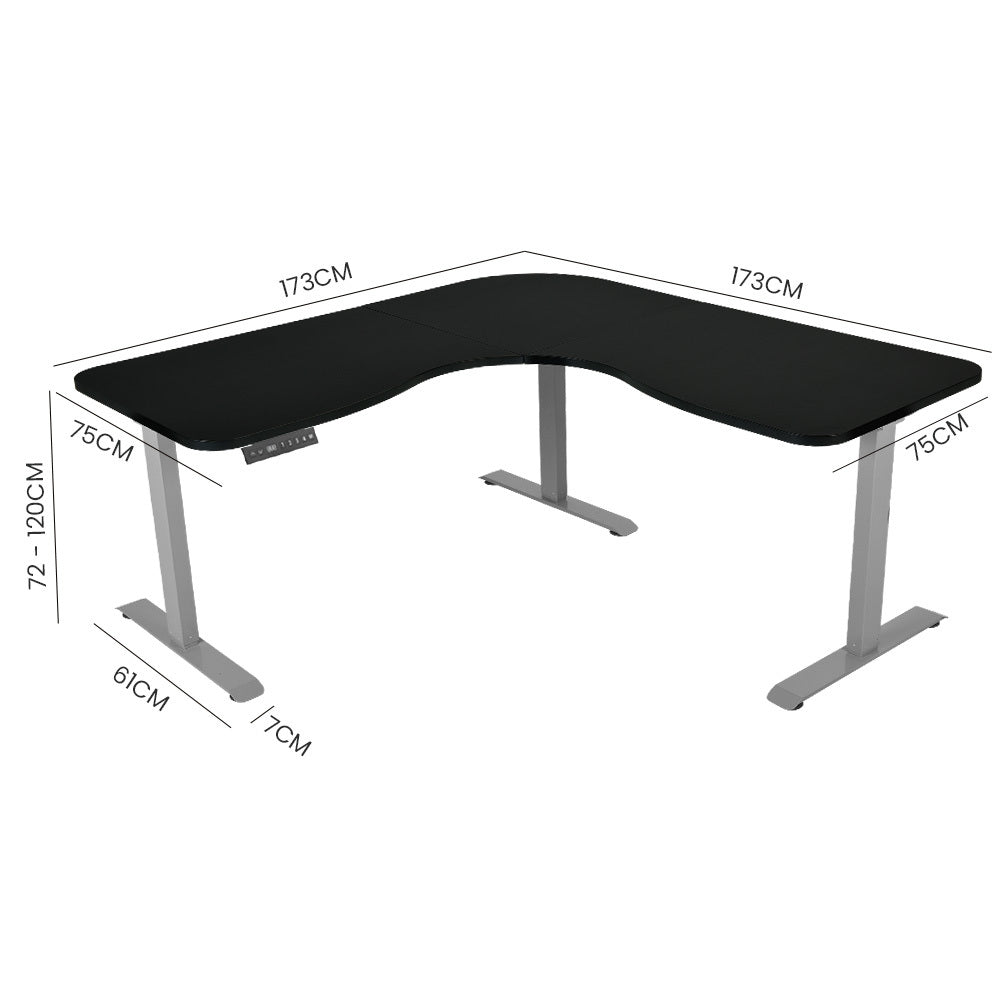 Fortia Corner Standing Desk 1730W x 1730W x 750D 3 Motors 120kg Load Sit to Stand Up Electric Height Adjustable Black/Silver Frame