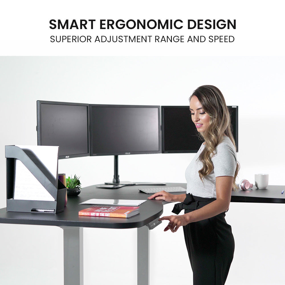 Fortia Corner Standing Desk 1730W x 1730W x 750D 3 Motors 120kg Load Sit to Stand Up Electric Height Adjustable Black/Silver Frame