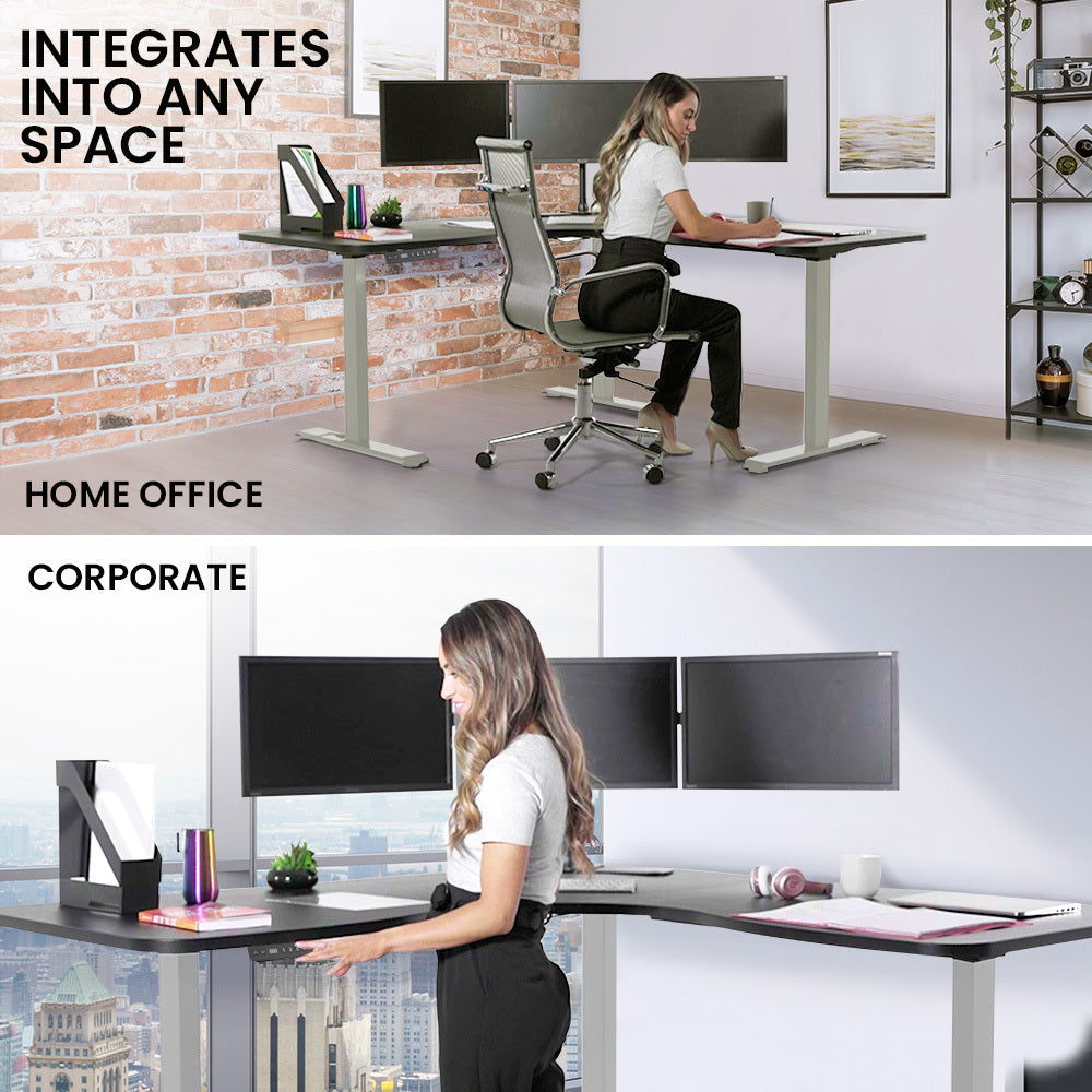 Fortia Corner Standing Desk 1730W x 1730W x 750D 3 Motors 120kg Load Sit to Stand Up Electric Height Adjustable Black/Silver Frame