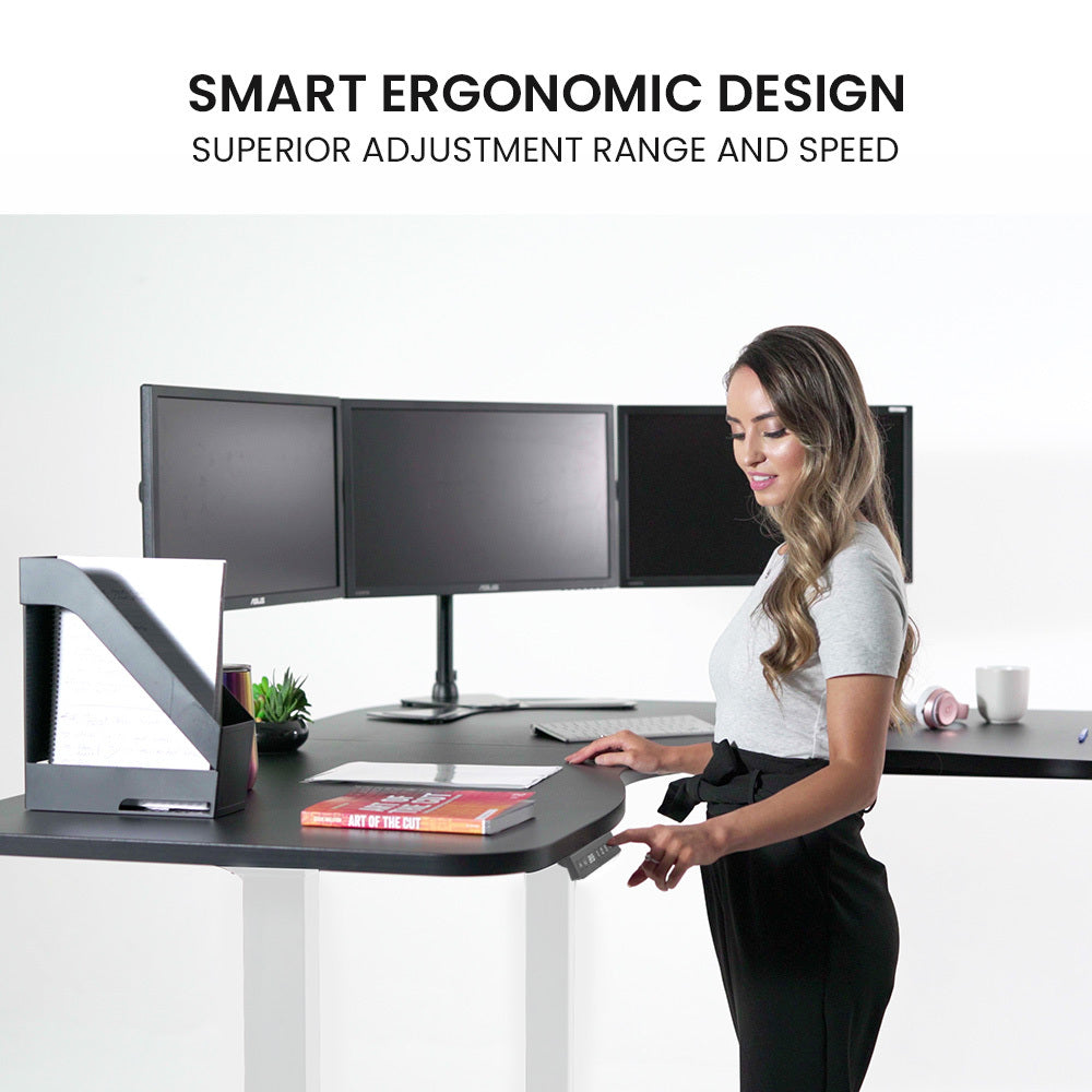 Fortia Corner Standing Desk 1730W x 1730W x 750D 3 Motors 120kg Load Sit to Stand Up Electric Height Adjustable Black/White Frame