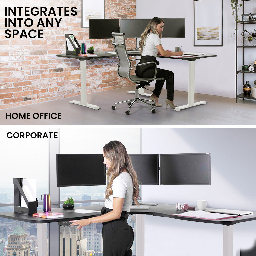 Fortia Corner Standing Desk 1730W x 1730W x 750D 3 Motors 120kg Load Sit to Stand Up Electric Height Adjustable Black/White Frame