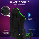 Overdrive Gaming Chair, with Bluetooth Speakers, RGB LED Lights, Reclining Game Armchair, Black - Close-Up Angle