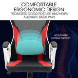 OVERDRIVE Ergonomic Office Desk Chair, Height Adjustable Lumbar Support, Mesh Fabric, Faux Leather, Headrest, White/Black/Red - Close-Up Angle
