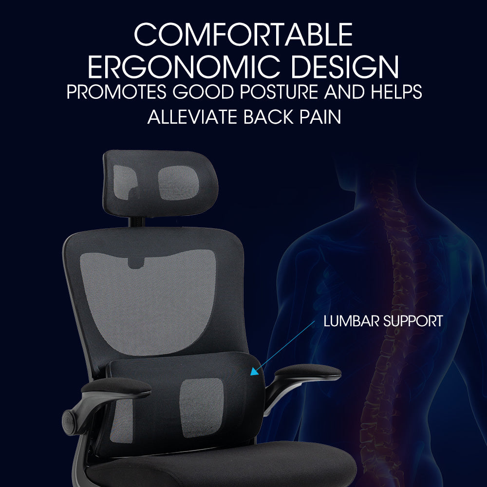 FORTIA Ergonomic Office Desk Chair Lumbar Support Mesh Fabric Adjustable Headrest Retractable Armrests Black