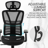 Fortia Ergonomic Office Desk Chair Coolmesh Fabric Adjustable Lumbar Support Headrest Armrest and Recline Black Mesh/Black Frame - Close-Up Angle