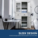FORTIA 4-Door Lockable Steel Stationery Storage Cabinet, Display Windows, 2 Drawers, Grey - Front View