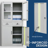 FORTIA 4-Door Lockable Steel Stationery Storage Cabinet, Display Windows, 2 Drawers, Grey - Side View