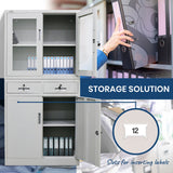 FORTIA 4-Door Lockable Steel Stationery Storage Cabinet, Display Windows, 2 Drawers, Grey - Top-Down View