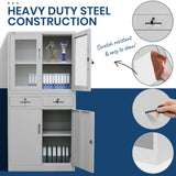 FORTIA 4-Door Lockable Steel Stationery Storage Cabinet, Display Windows, 2 Drawers, Grey - Close-Up Angle
