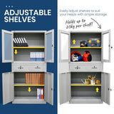 FORTIA 4-Door Lockable Steel Stationery Storage Cabinet, Display Windows, 2 Drawers, Grey - Low Angle
