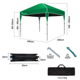 RED TRACK 3x3m Ultra Compact Folding Gazebo, Carry bag, Portable Outdoor Popup Marquee for Camping Beach, Green - Front View