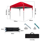 RED TRACK 3x3m Ultra Compact Folding Gazebo, Carry bag, Portable Outdoor Popup Marquee for Camping Beach, Red - Front View